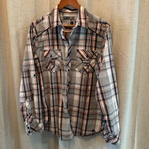 Men’s Surplus Long Sleeve Plaid Military Style Shirt. Size L. Orange/Blue/Gray